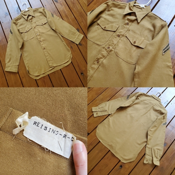 Vintage 50's Korean War men's M/L tan khaki wool long sleeve military shirt - Picture 5 of 10